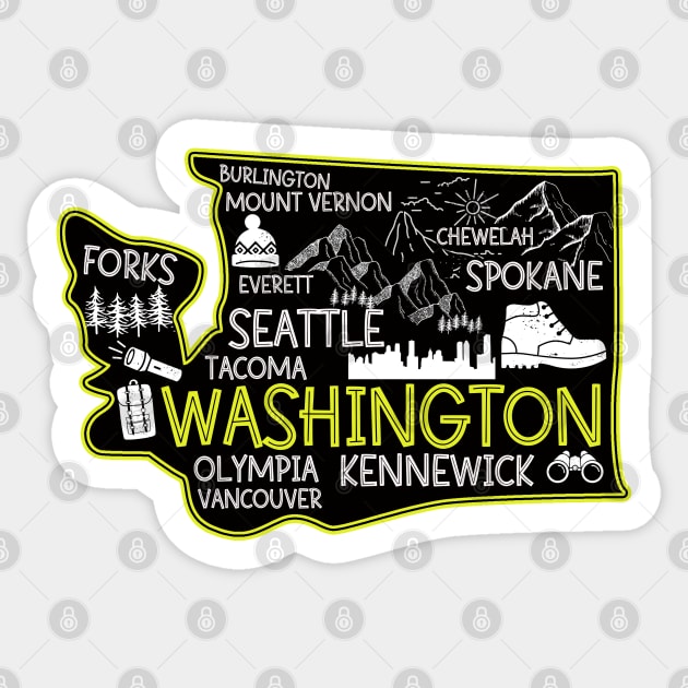 Washington cute map Tacoma Seattle Kennewick Spokane Sticker by BoogieCreates